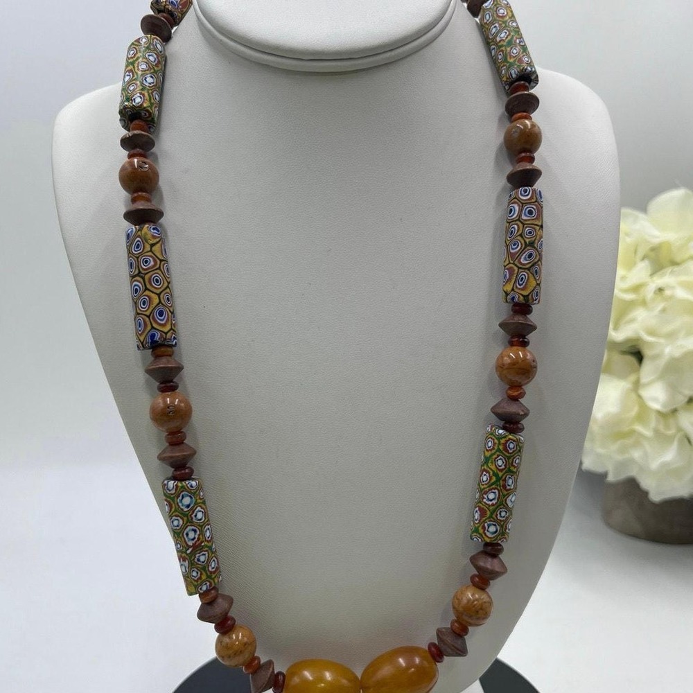 Antique Sterling Millefiori African Trade Bead Amber Resin‎ Bakelite Necklace